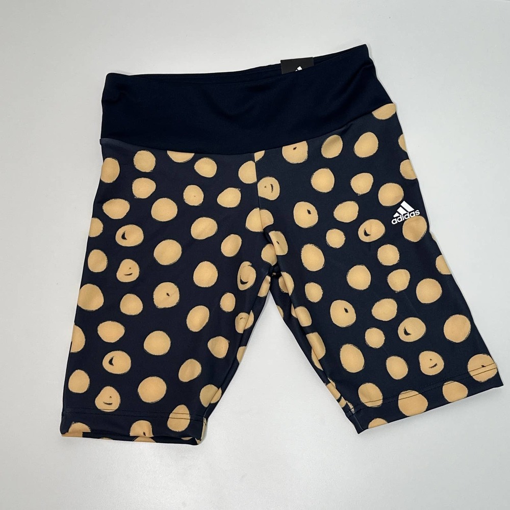 NWT adidas x FARM Rio Women's Polka Dot High Rise Biker Shorts Small Navy Gold